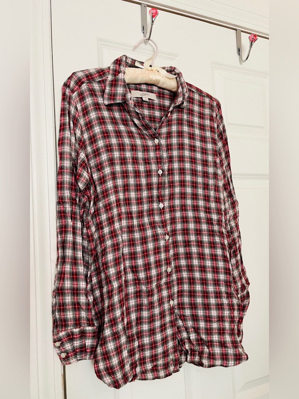 LOFT Red and Black Plaid Button-Down Shirt
